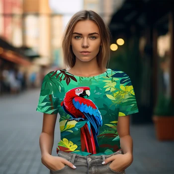 Уличная мода Простые футболки Лето Горячая продажа Футболка Попугай 3D-печатная футболка Женская классическая футболка с круглым вырезом