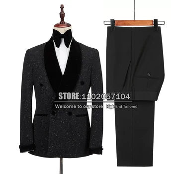 Черный свадебный смокинг для мужчин Приталенный бархат с остроконечными лацканами Пиджак и брюки 2 шт. Формальные обычные двубортные блейзеры женихи